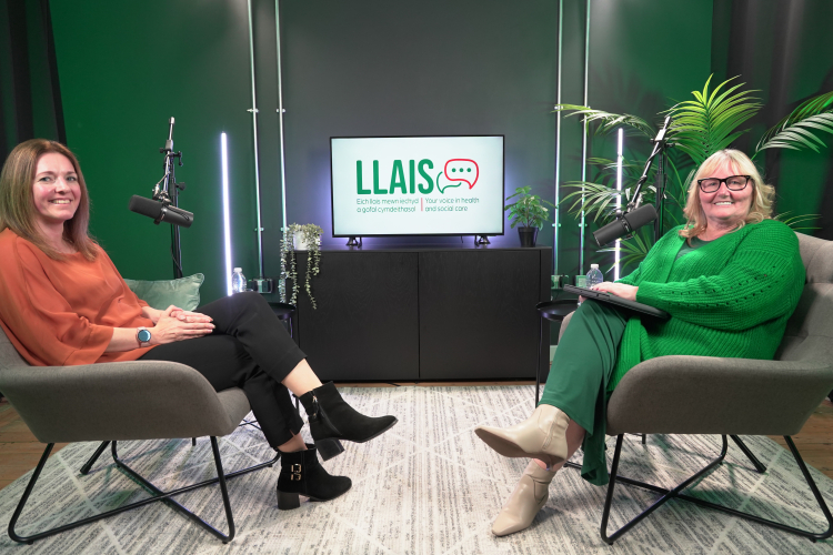 Sarah McCarty, Chief Executive of Social Care Wales, sits opposite our Chief Executive, Alyson Thomas, in a podcast studio